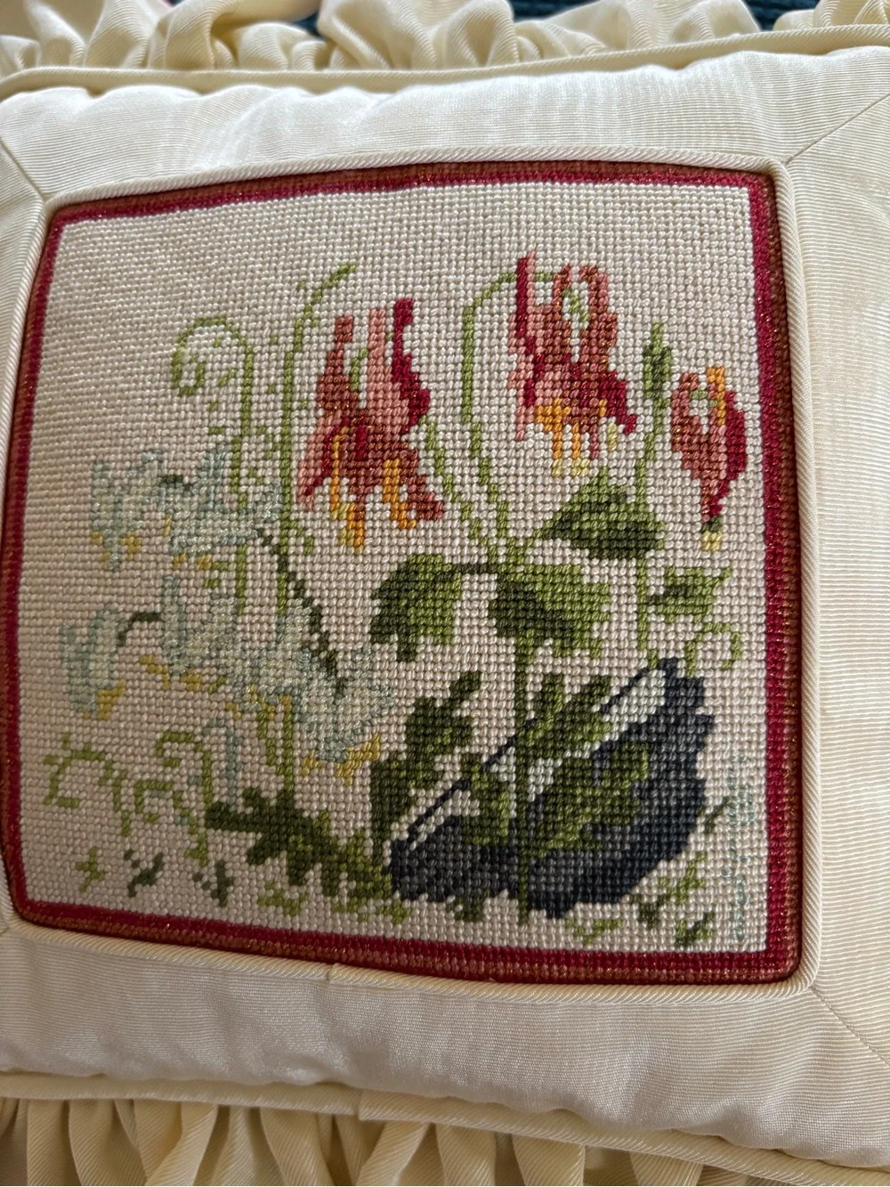 VTG Needlepoint Ruffle Trim Floral Throw Accent Pillow 14X14 Cottagecore Country